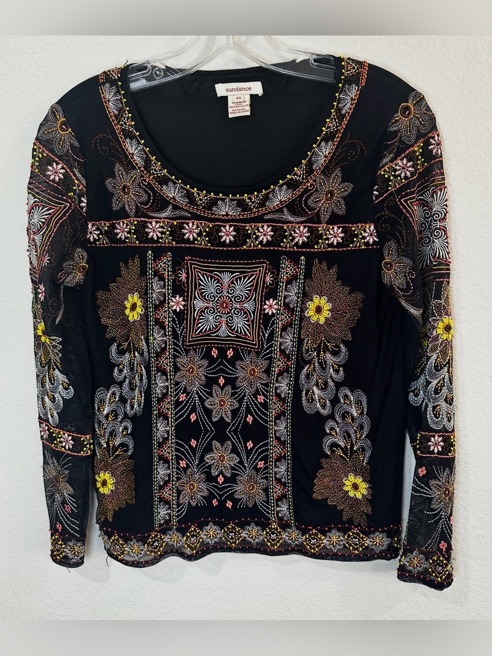 Sundance Black Long-Sleeve‎ Embroidered beaded Floral Top XS